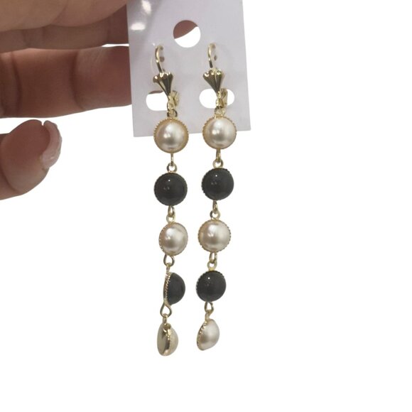 NEW Gold Filled Gold & Pearl Drop Earrings With Black Beads - Picture 3 of 9
